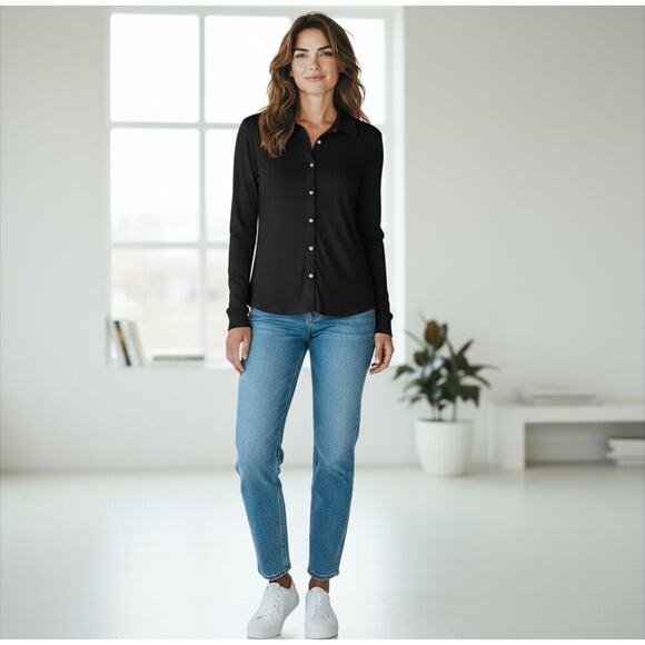 ☀️Michael Stars Helen Button Long Sleeve Woven Shirt Black Women's Petite LP - Picture 3 of 9